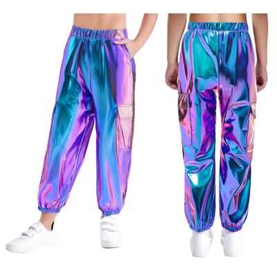 Unisex Kids Metallic Shiny Pants Elastic Waistband Trousers with Pockets Hip Hop Dance Wear