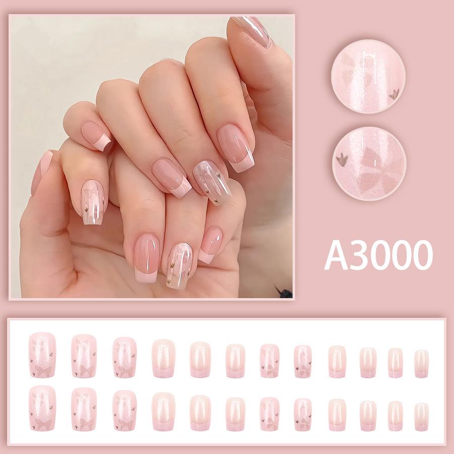 French Nude Pink Glitter Bow Nail Stickers - 24 Piece Set