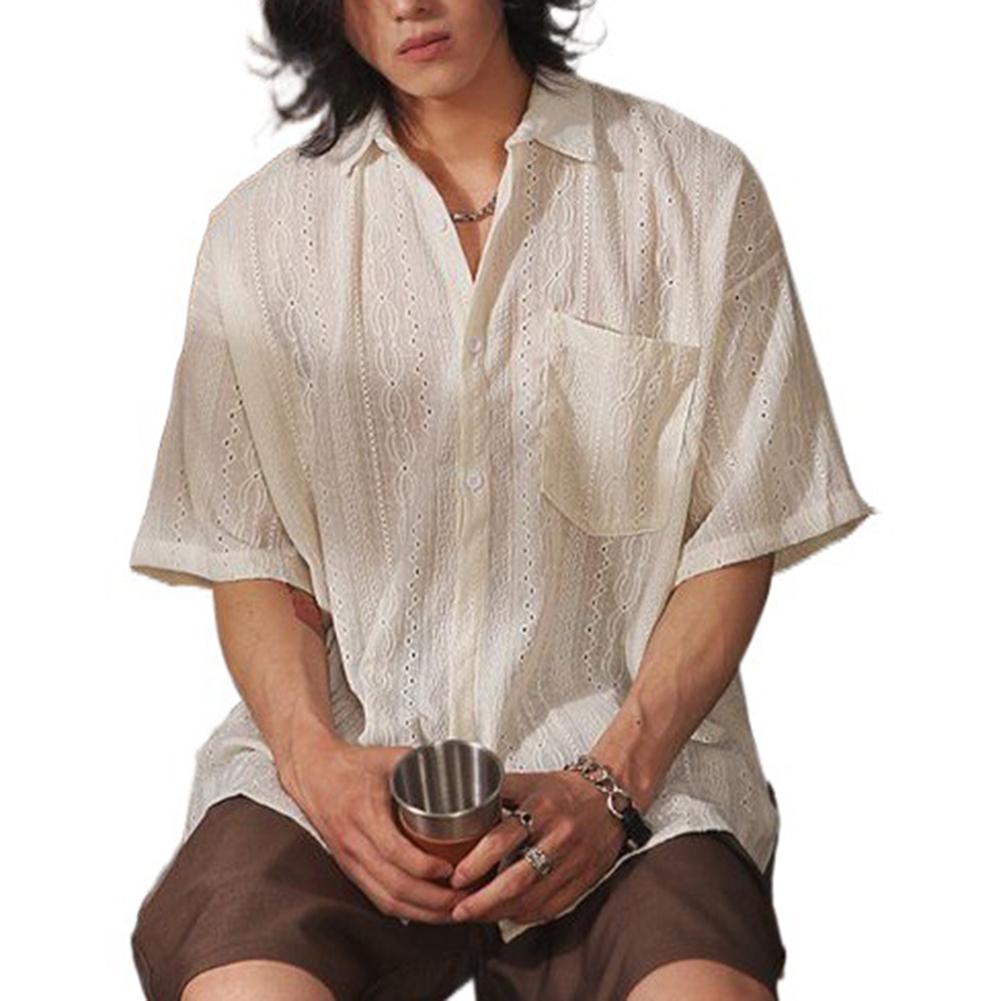 Men Casual Loose Hollow Out Short Sleeve Shirts with Pockets Retro Fashion Vacation Daily All-Match Tops Solid Color