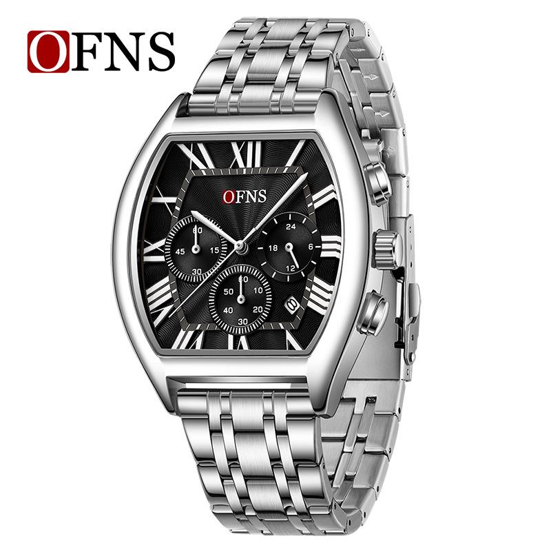 OFNS Men's Barrel-Shaped Waterproof Quartz Watch - Multifunctional Calendar with Three-Eye, Six-Hand Design, Casual Style.