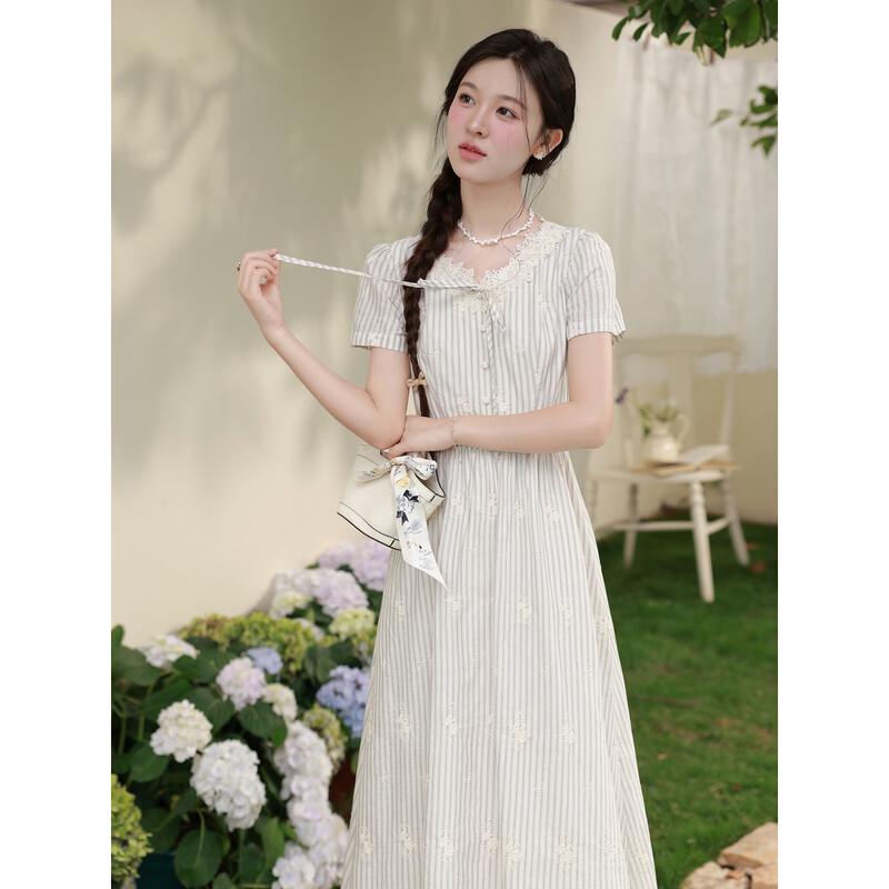Women s White Striped Lace-Trim Summer Dress L