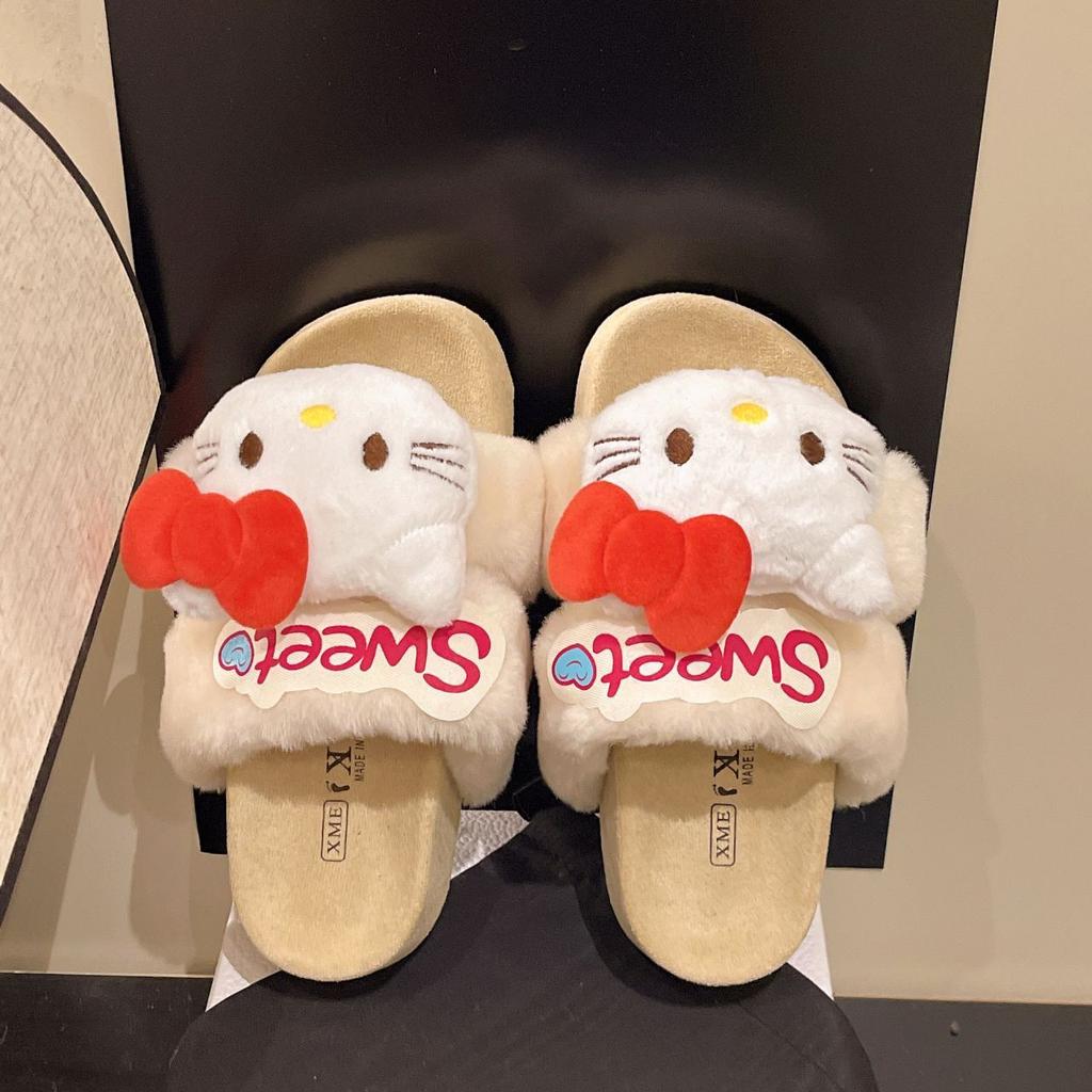2025 Autumn and Winter New Sweet and Cute Kitten Fluffy Slippers Women's Outer Wear Home Non-slip Thick Bottom One-word Cotton Mop