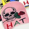 Teens Elastic Beanie Knit Skull Caps with Jacquard Skull&Rose Pattern Skiing Hat