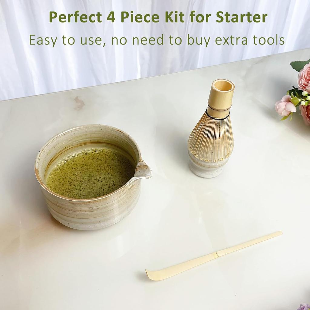 4pcs Matcha Set, Japanese Matcha Kit, Matcha Whisk Set with 17oz Matcha Bowl with Spout, Whisk Holder & Bamboo Scoop, Matcha Tea Set, Matcha Starter