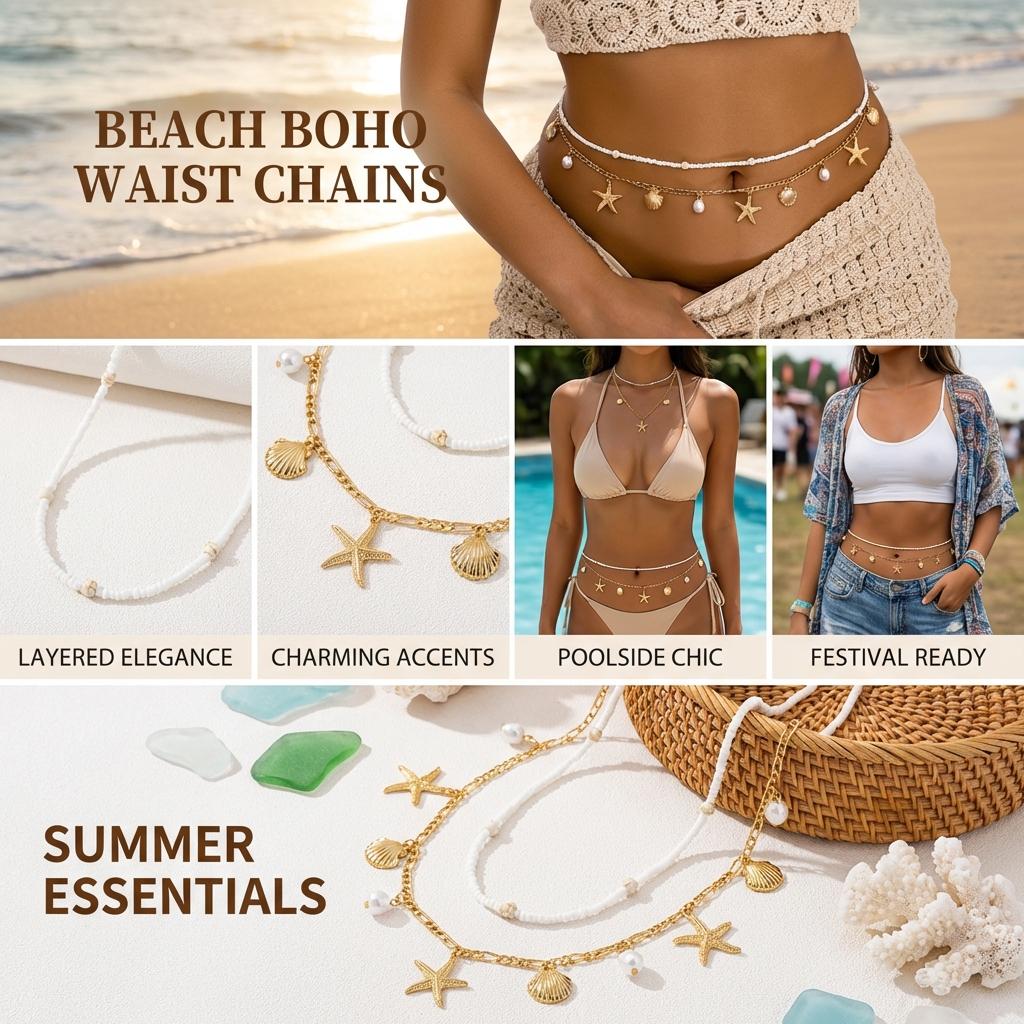 Summer Beach Layered Beads Waist Chain for Women Boho Starfish Pearl Shell Charms Sexy Bikini Belly Body Chains Vacation Jewelry