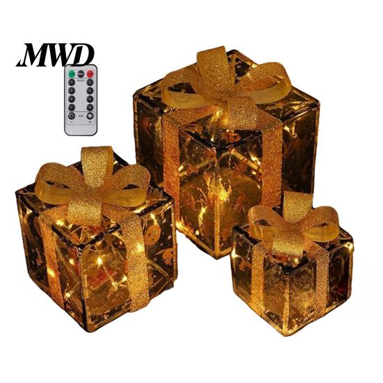 Handmade Pumpkin Face Props 3Pcs Lighted Halloween Gift Boxes, Spooky Glowing Shopping Mall Decor Presents Box, Warm Light Holiday Ornament for Indoor