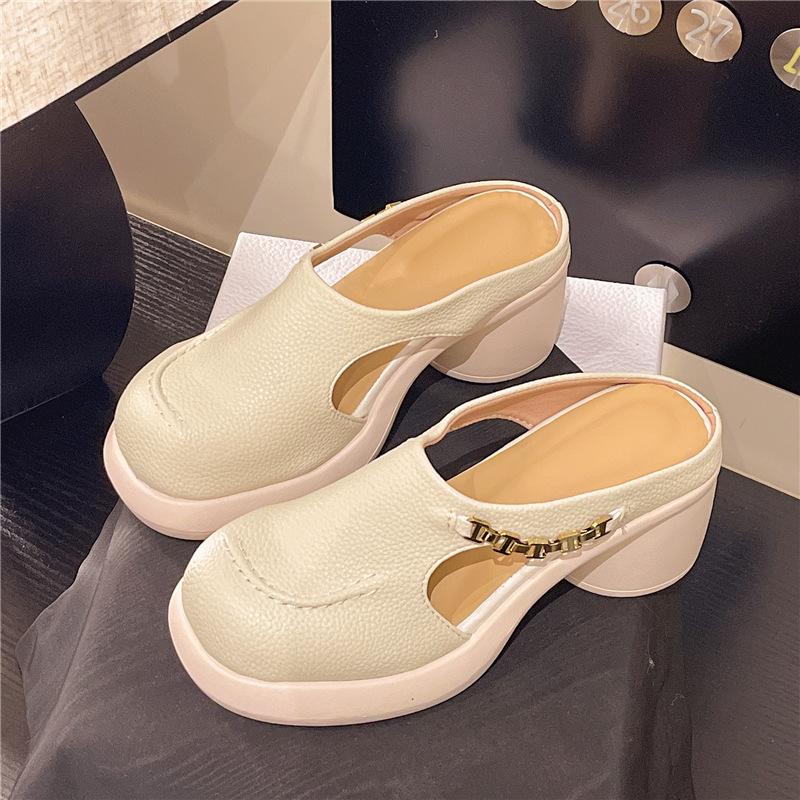 

Полый металлический британский стиль сумка голова тапочки женские европейская станция 2025 толстый каблук темперамент половина тапочки носить модные сандалии 40 бежевый