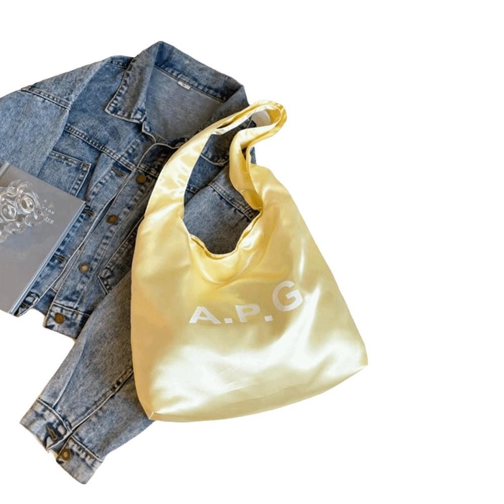 

Girly Style Korean Version Tote Bag Cream Color Large Capacity Cloth Bag Satin Shoulder Bag Outing жёлтый