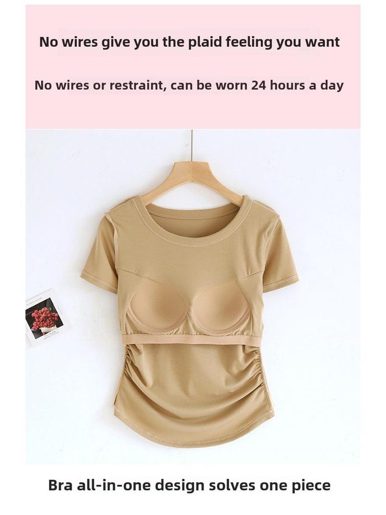 Tricou pentru femei cu mânecă scurtă, cu pernuțe pentru sâni, gât rotund și tiv cu coadă de rândunică