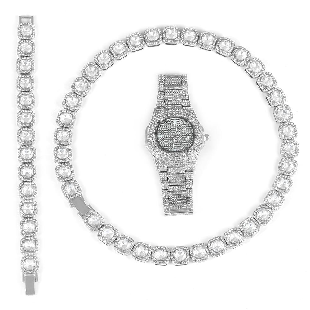 3pcs Copper Watch Jewelry Set Iced Out Cube Sugar Chain+Bracelet With Stylish Inlay Diamond Watch For Men Women Trend Party Gift