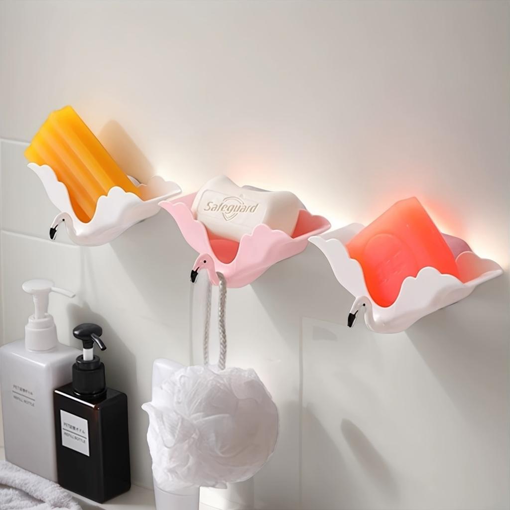 2Pcs Flamingo No Punching Soap Box Household Soap Box Drain Multifunctional Wall Mounted Creative Soap Box Cute