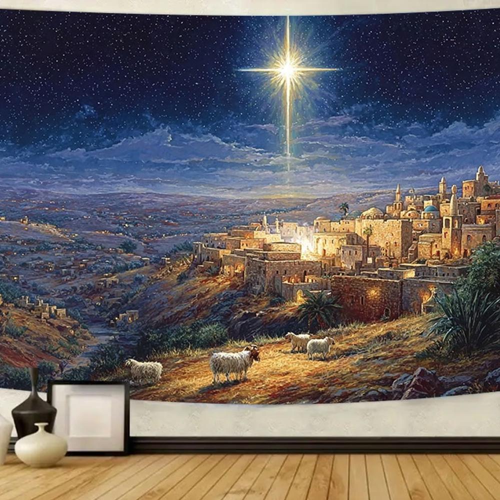 Photographic backdrop of the Nativity of Jesus, Starry Night of Bethlehem, Christmas party decoration, Religious event background, Banner46