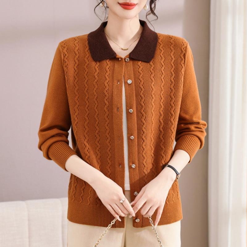 Mom lapel sweater sweater women's autumn and winter cardigan short large size women's knitted long-sleeved jacket