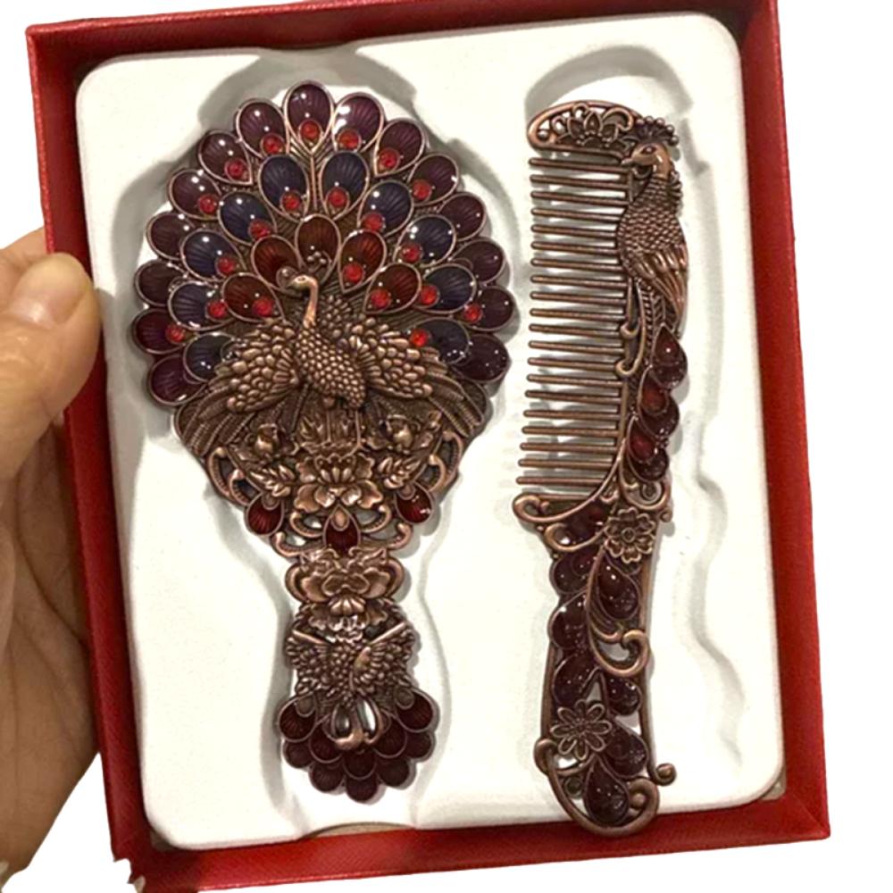 Vintage Peacock Makeup Mirror Comb Set Hand-held Vanity Mirror Cosmetic Mirror Wedding Decor Style1 Red
