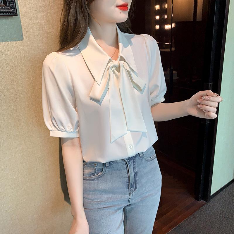 

Women s Blue Chiffon Bow Tie Short Sleeve Summer Top M білий