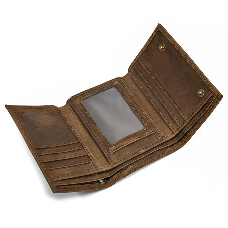 Vintage Crazy Horse Genuine Leather Trifold Wallet for Men with Multi Card Slots Coin Pocket Key Holder Metal Chain Strap Leather Coin Purse Male