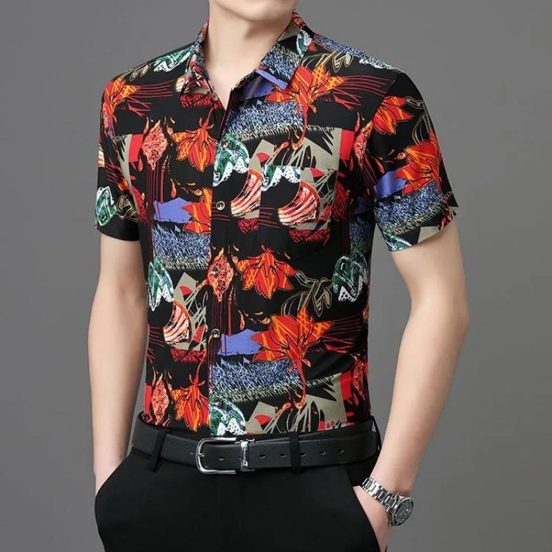 Men's Black Abstract Print Short Sleeve Shirt Ice Silk Breathable Casual Button-Down Shirt