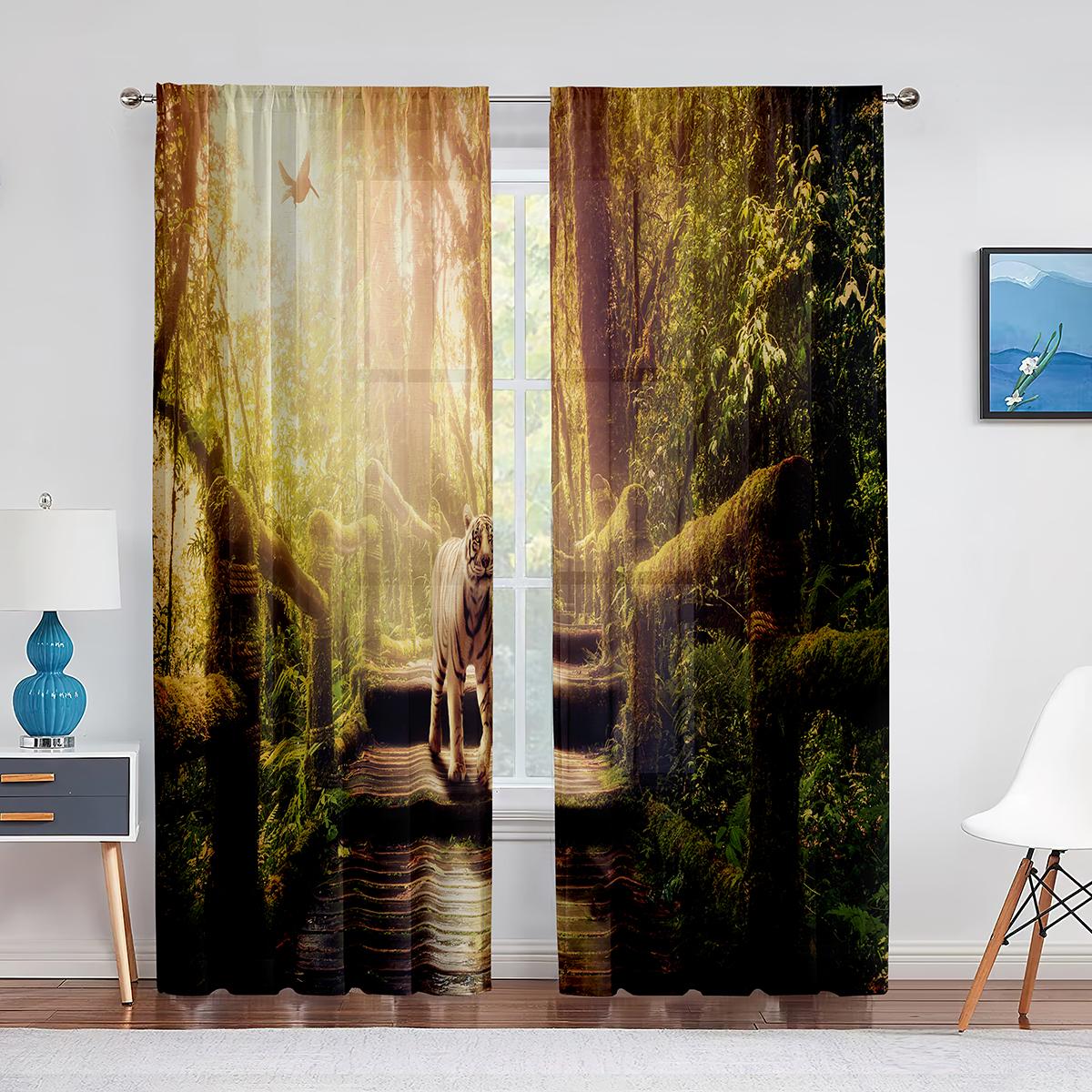 

Прозрачная вуаль с изображением тропических джунглей и животными, занавески для гостиной, спальни, кухни, декор окон, тюлевые шторы на окна 1 PCS W100XH250cm&Grommet Top
