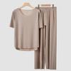 2Pcs/Set Summer Pajamas Set O-Neck Short Sleeve Tee Shirt Elastic Waist Long Pants Set Ice Silk Solid Color Sleepwear