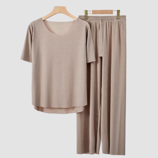 2Pcs/Set Summer Pajamas Set O-Neck Short Sleeve Tee Shirt Elastic Waist Long Pants Set Ice Silk Solid Color Sleepwear