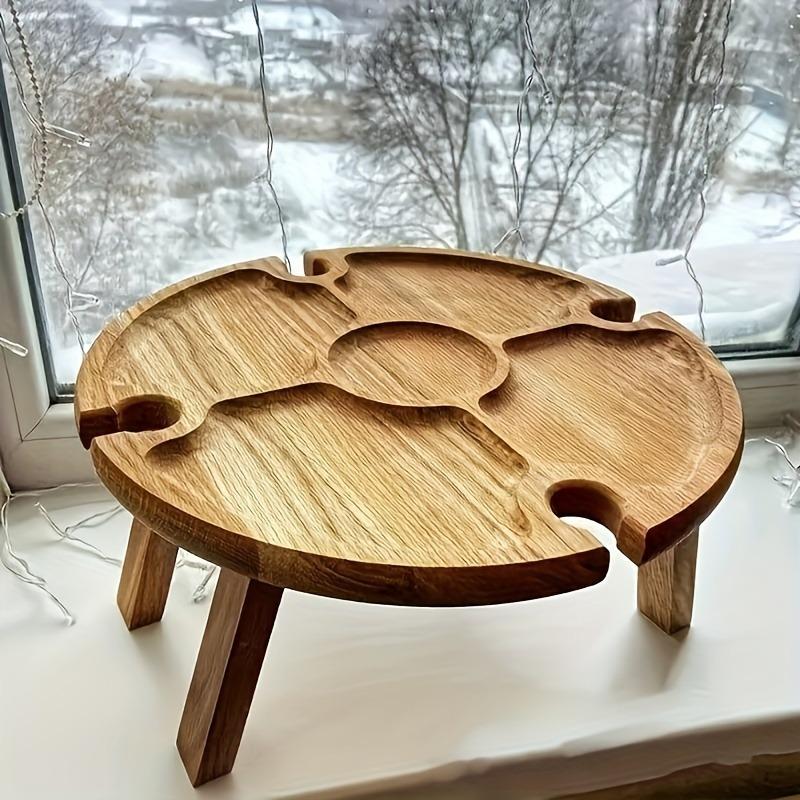 Wooden Outdoor Folding Picnic Table 2 In 1 With Glass Cup Holder Portable Round Fruit Picnic Plate Foldable Desk For Beach Garde