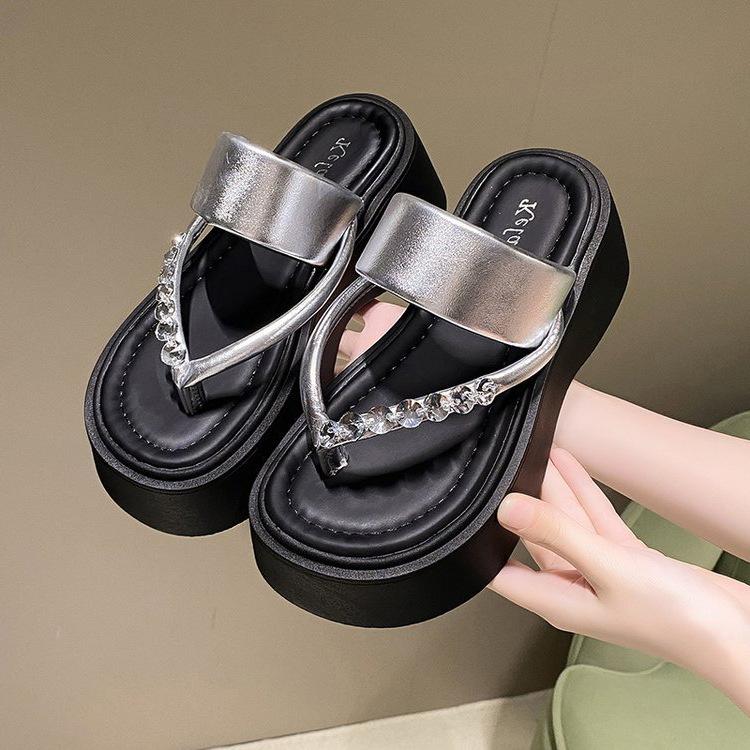 Women's Fashion Hick Soled Summer Wedges Flip Flops Sandals 2025 New Non Slip Rhinestone Slippers Women Soft Bottom Beach Shoes