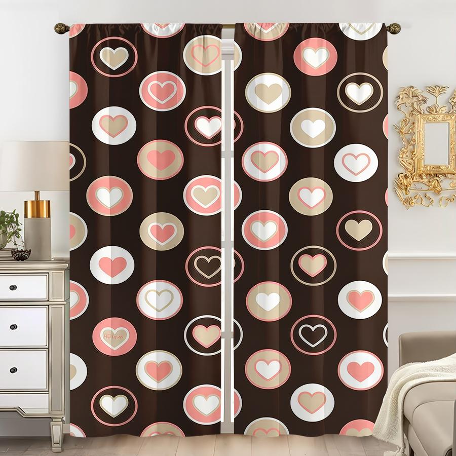

Set Of 2 Brown Pink Circle Heart Simple Curtains Sweet Wind Bedroom Living Room Drawbar Pocket Decorative Curtain Polyester Ideal For Great W100*H70(CM)-Rod Pocket&1PCS