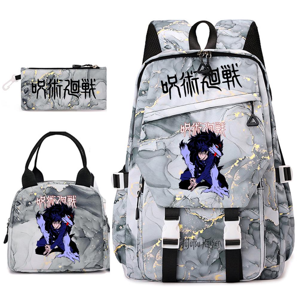 Anime Jujutsu Kaisen Backpack Set for Girls 3pcs School Bookbag Lunch Bag Pencil Case Casual Travel Rucksack
