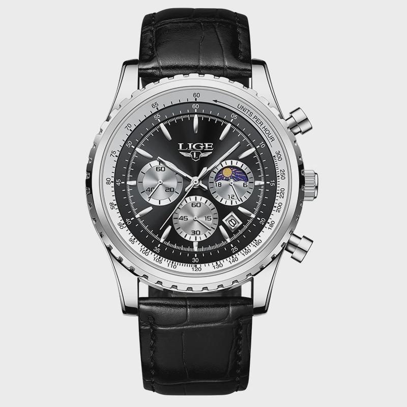 

Fashion Mens Watches Top Brand Luxury Leather Casual Quartz Watch Men s Sport Waterproof Clock чорний/срібний