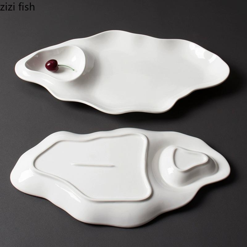 White Ceramic Dinner Plate Dumpling Plates with Sauce Grid Boiled Shrimp Plate Sushi Plates Dim Sum Dish Snack Bowls Fruit Trays