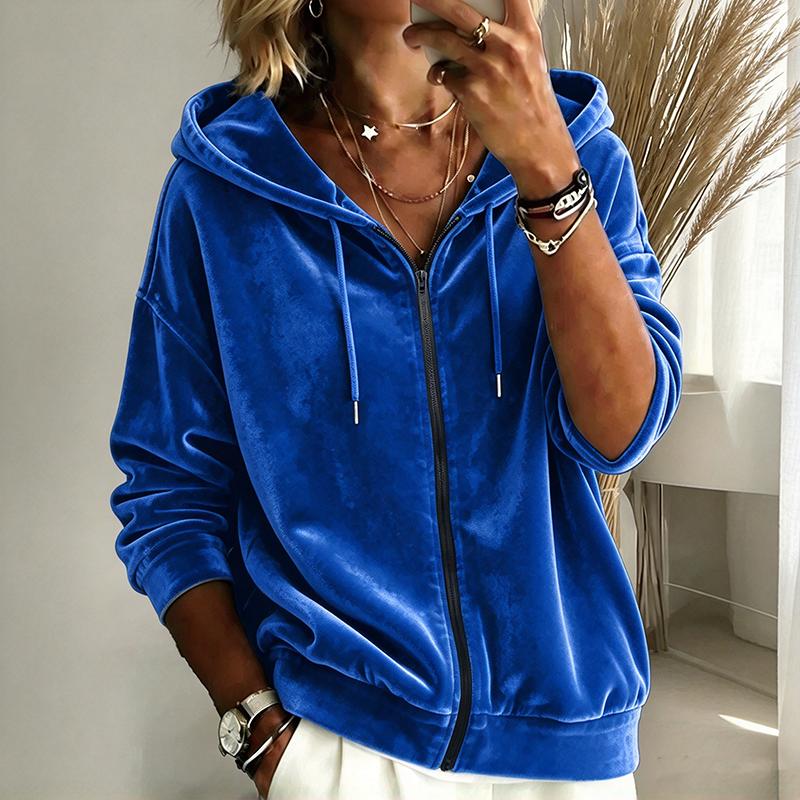Women'S Solid Color Velour Zip Up Hoodie Carsigan Long Sleeve Velvet Hooded Jacket Casual Loose Fit Sweatshirt Fall Outerwear