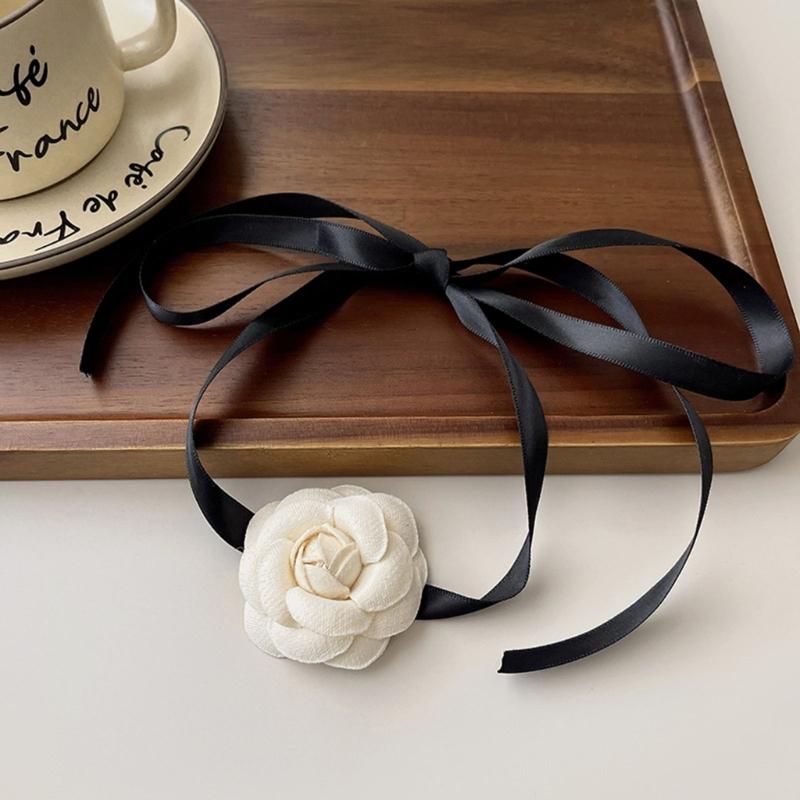 White Flower Collar Bowknot Necklace Chain Temperament Polyester Ribbon Necklace Choker for Women Festival Jewelry