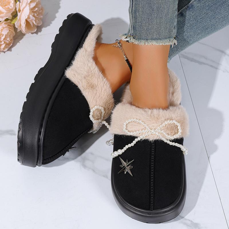 Fashion Fashion Perals Bowknot Fluffy Slippers Women 2025 Warm Faux Fur Platform Slides Woman Outdoor Comfort Non Slip Cotton Slippers