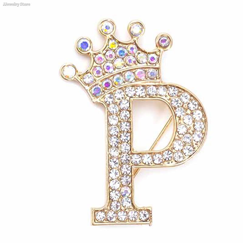 New 26 Letters A-Z Brooch Rhinestones Crystal Gold Color English Alphabet Metal Pins Cute Jewelry Accessories Christmas Gift