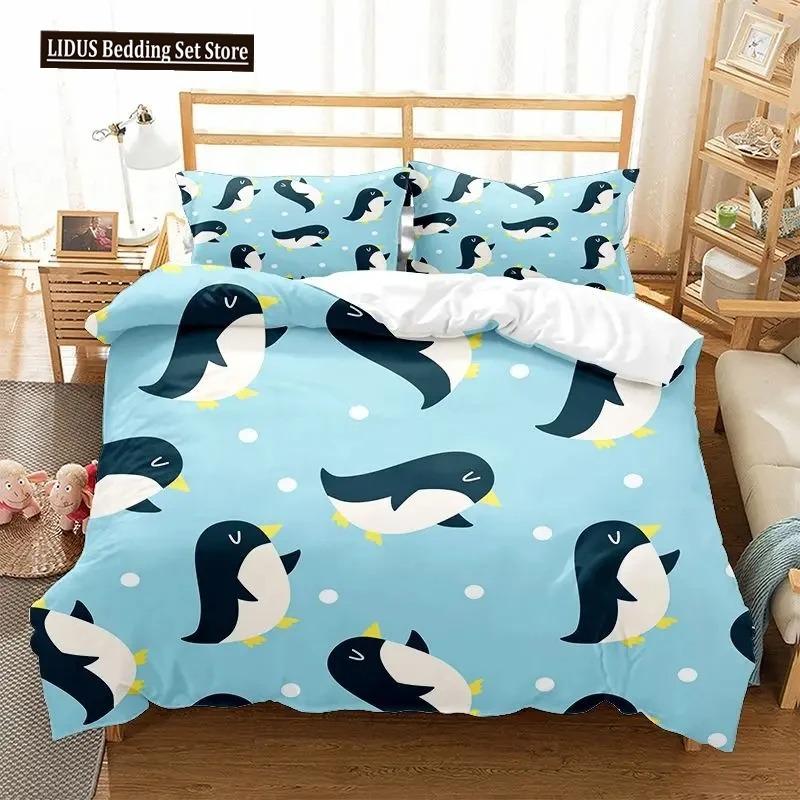 Cartoon Penguin Duvet Cover Set For Boys Girl Animated Antarctic Animal Polyester Quilt Cover White Black King Queen Size