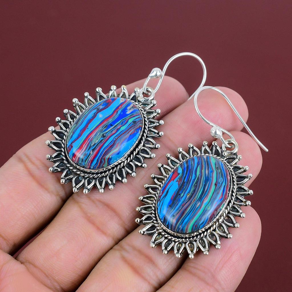 Rainbow Calsilica Earring 925 Sterling Silver Earring Handmade Stylish Earrings Genuine Gemstone Jewelry Healing Stone Earring Gifts For Mom