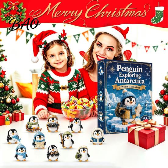 Countdown to Christmas Antarctic Penguin Advent Calendar, 24-Day Winter Box with Cute Festive Home Ornament Explorer Ornaments, 2D Acrylic Hanging