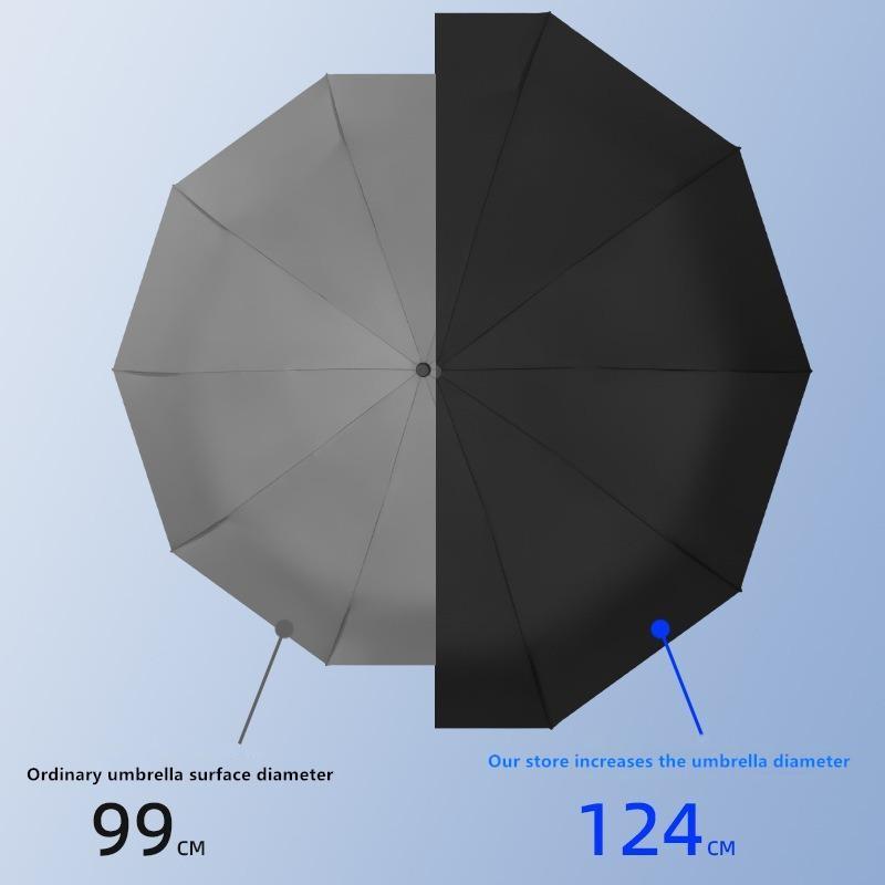 Fully Automatic Curved Hook Wooden Handle Umbrella Enlarged Thickened Black Glue Three-fold Wind Rain Resistan Business Umbrella
