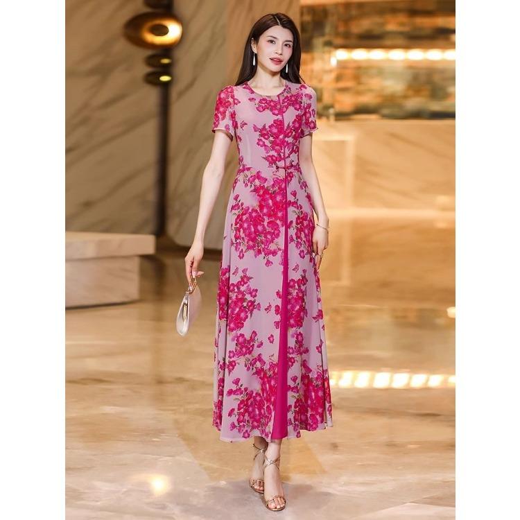 Modisches Damen Sommerkleid Blumen Chiffon Langes Kleid Schlankmachender und Anmutiger Stil