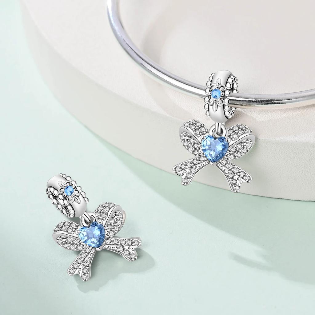 Charms Original Copper Blue Zircon Butterfly Knot Heart Pendant Beads Fit Bracelet Diy Fine Gift Women Delicate