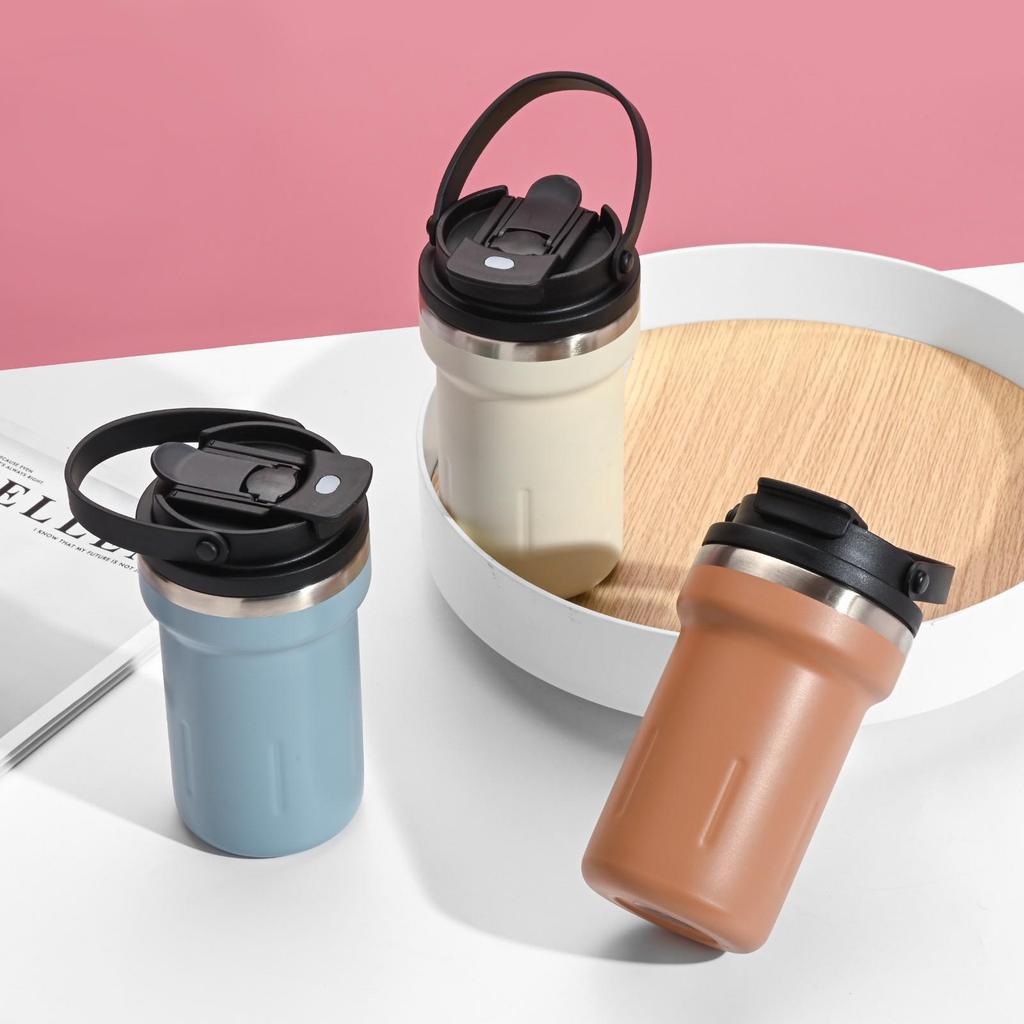 Portable Stainless Steel Double-Walled Coffee Thermos with Handle and Straw