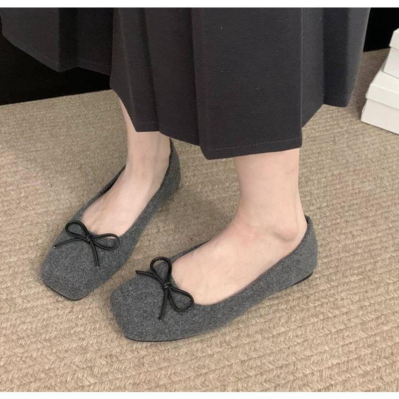 Fashion Woman Casual Square Head Bow Flats Flock Mocasines Ballerina Church Flats Female Suede Elegant Soft Sole Women Shoes