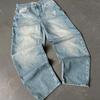 Streetwear Jeans Y2K Mens Pants Harajuku Hip Hop Letter Embroidery Vintage Blue Baggy Jeans High Waist Wide Leg Trouser