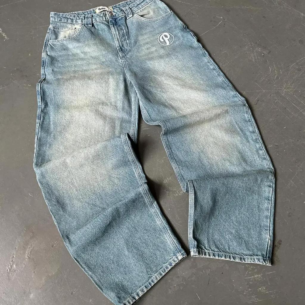 Streetwear Jeans Y2K Mens Pants Harajuku Hip Hop Letter Embroidery Vintage Blue Baggy Jeans High Waist Wide Leg Trouser