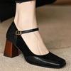 2025 New Fashion French Style Women's Black Square Toe Chunky Heel Thick Sole Buckle Slip-On Pumps Vintage Sandals for Ladies