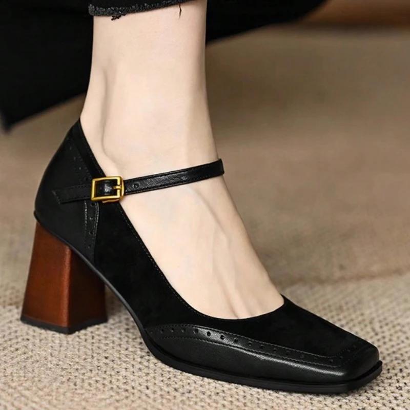 2025 New Fashion French Style Women's Black Square Toe Chunky Heel Thick Sole Buckle Slip-On Pumps Vintage Sandals for Ladies