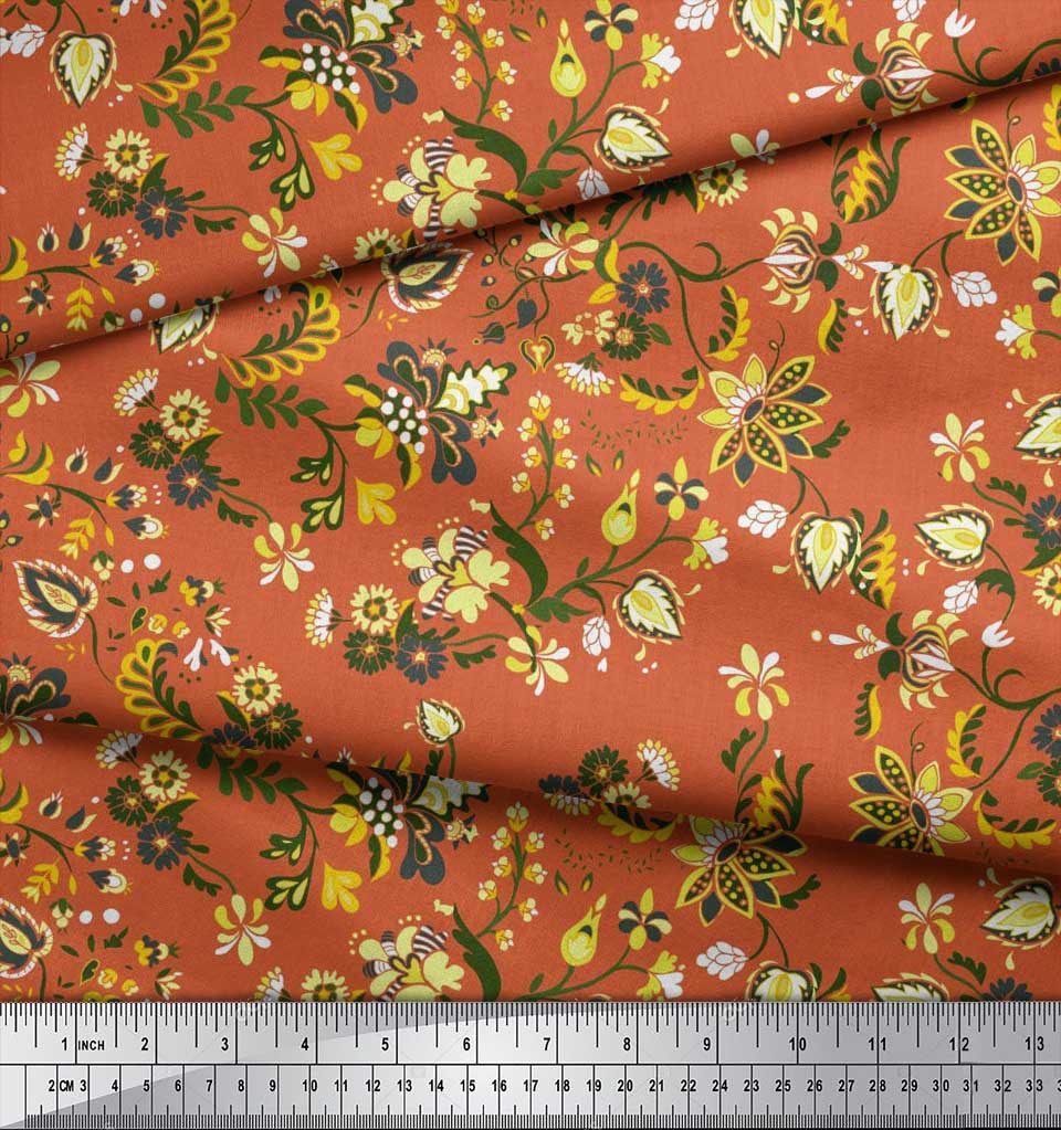 Soimoi Japan Crepe Satin Fabric Leaves & Floral Artistic Decor Fabric Printed Metre 42 Inch
