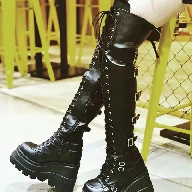 Gothic Overknee Stiefel Damen Plateau Wedges Motorradstiefel Overknee Army Stripper Heels Punk Schnürgürtel Schnalle Lang