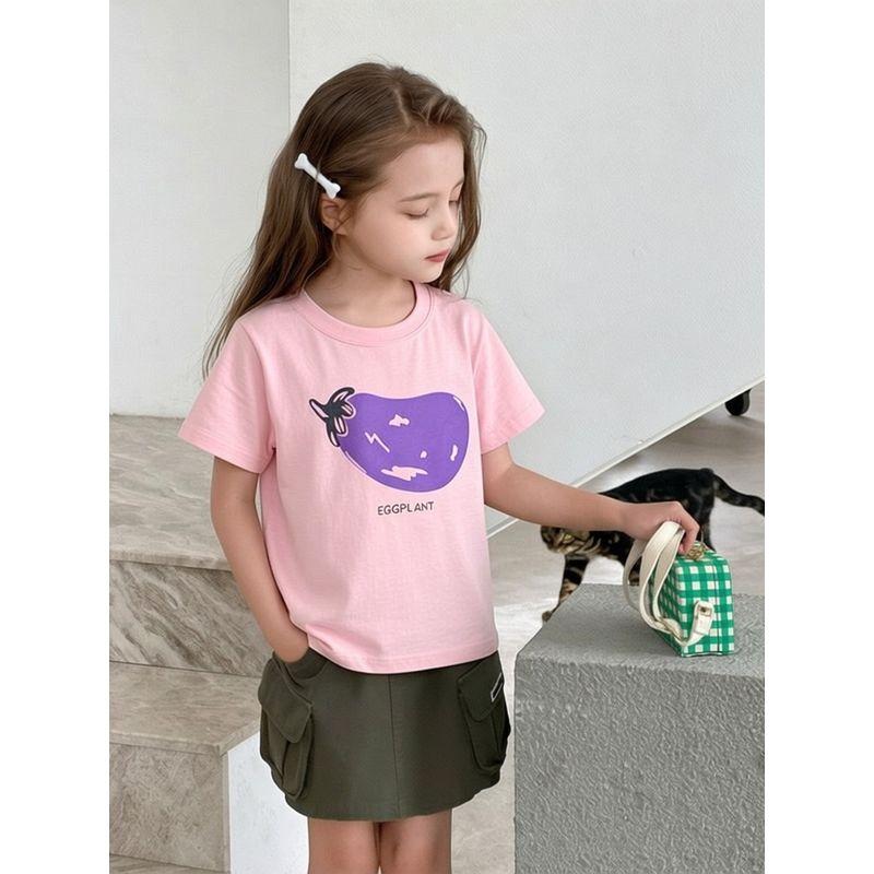 Pure Cotton Printed Korean Style Brand Children's Clothing Short-Sleeved T-Shirt 2024 Summer Girls' Base Shirt 27Home Baby Clothes