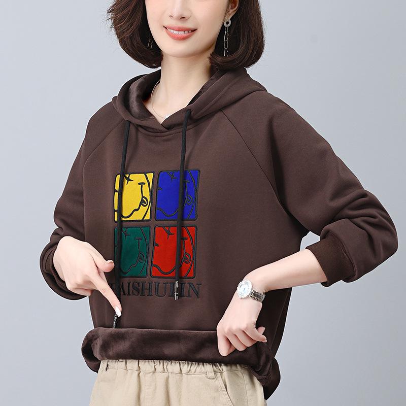 

Женское утолщенное флисовое худи: 2024 Новая осенне-зимняя корейская мода свободного кроя M кофейный